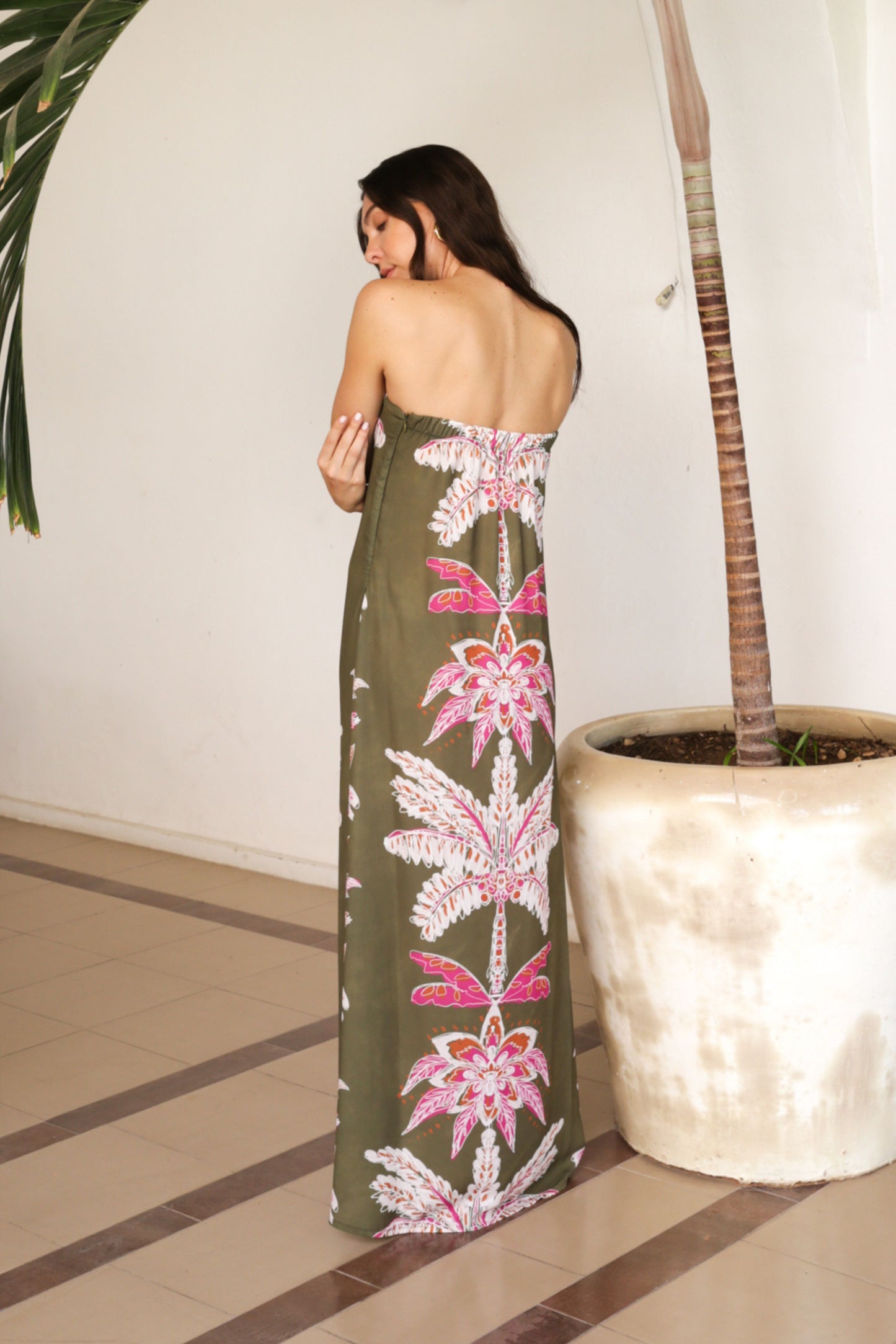 Vestido Strapless Palmeras Verde