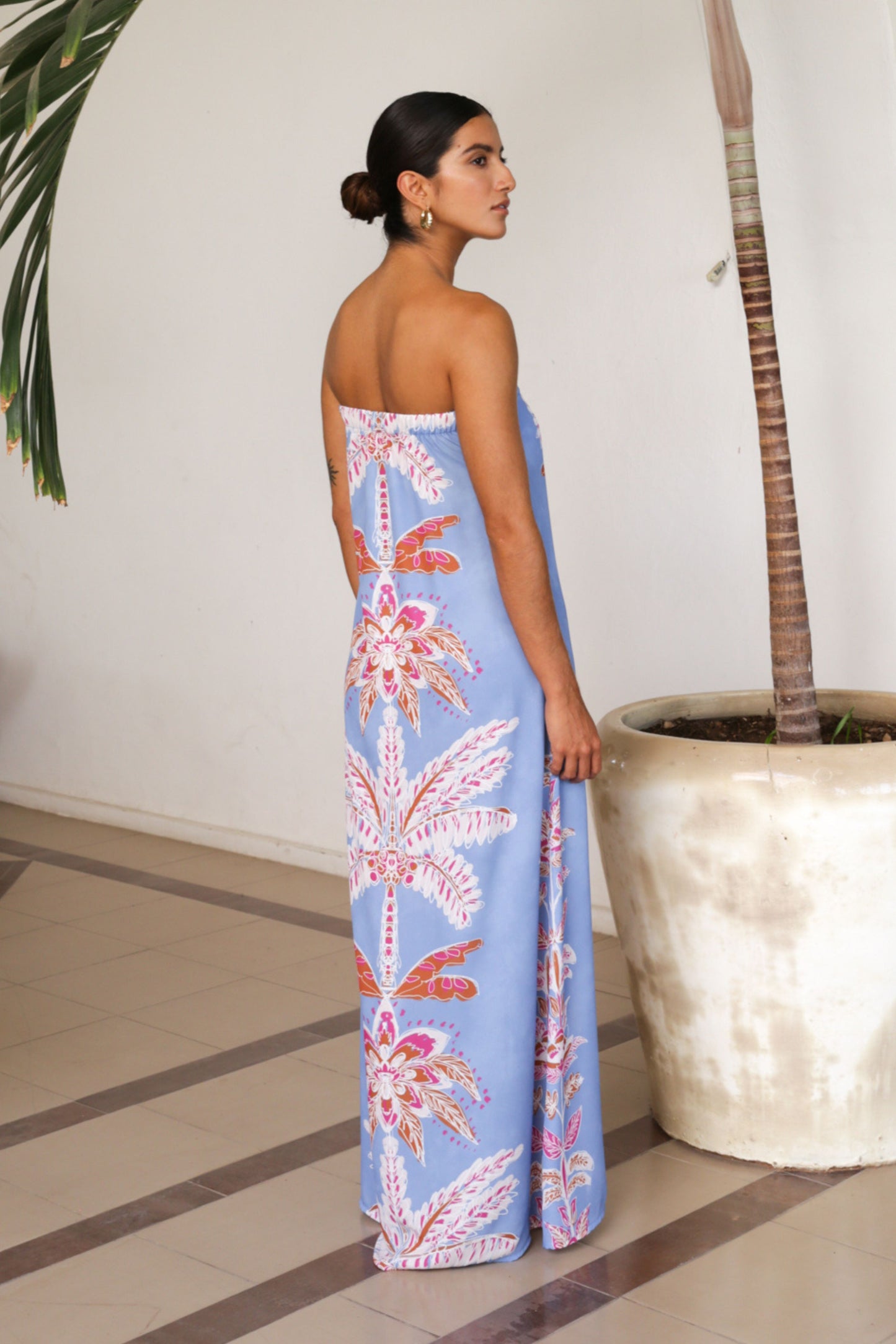 Vestido Strapless palmeras azul